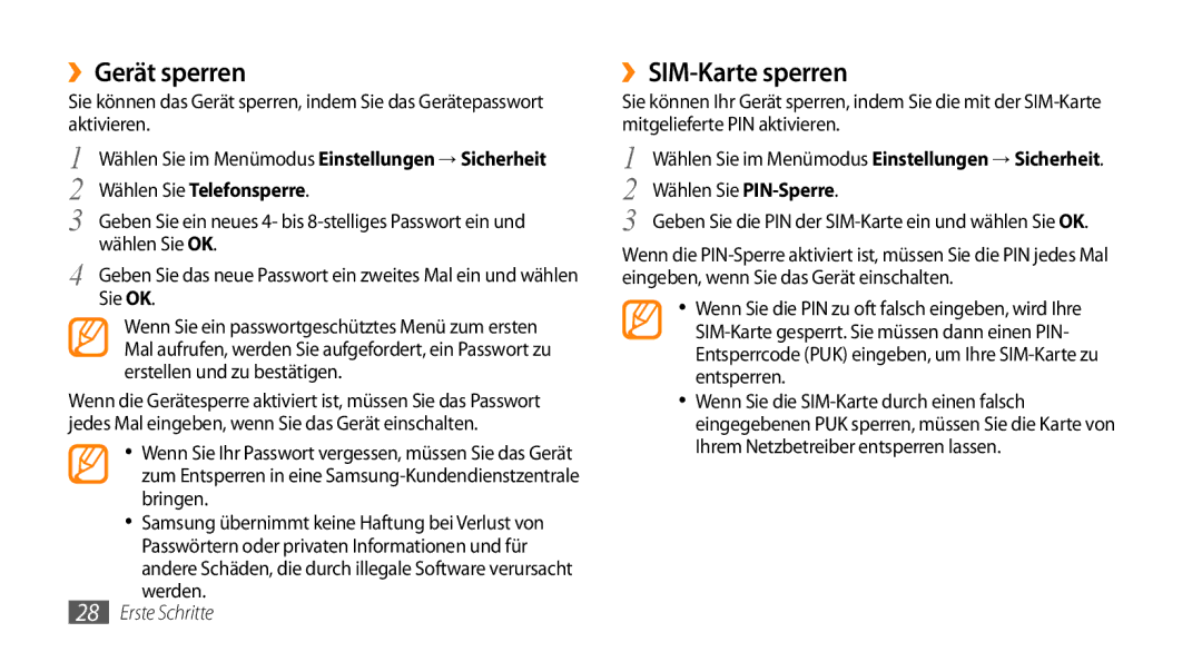 Samsung GT-S5330HKAVIA, GT-S5330CWADBT, GT-S5330CWAVIA manual ››Gerät sperren, ››SIM-Karte sperren, Wählen Sie Telefonsperre 