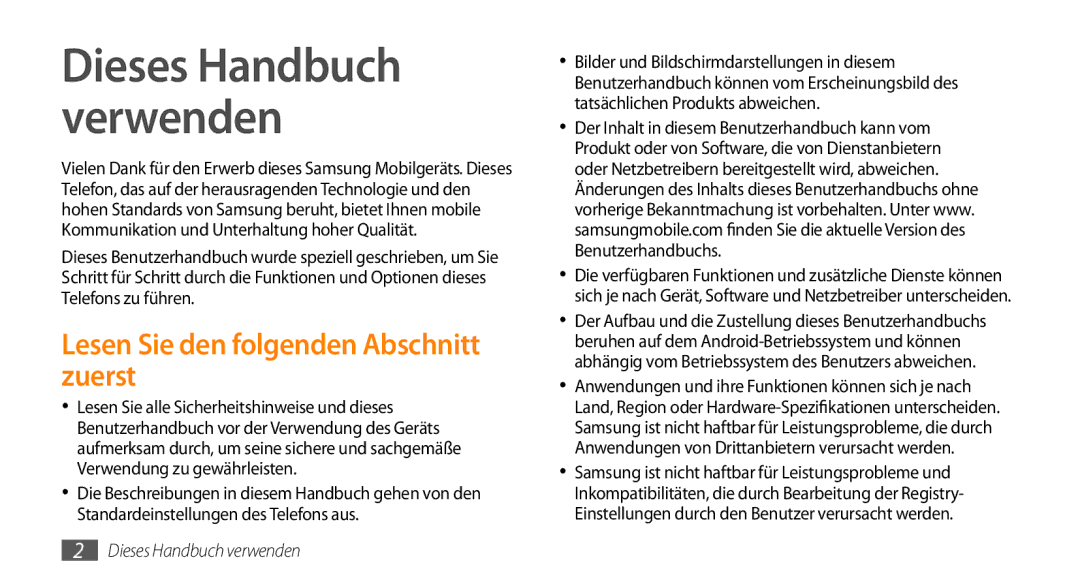 Samsung GT-S5330HKAEPL, GT-S5330CWADBT, GT-S5330CWAVIA Dieses Handbuch verwenden, Lesen Sie den folgenden Abschnitt zuerst 