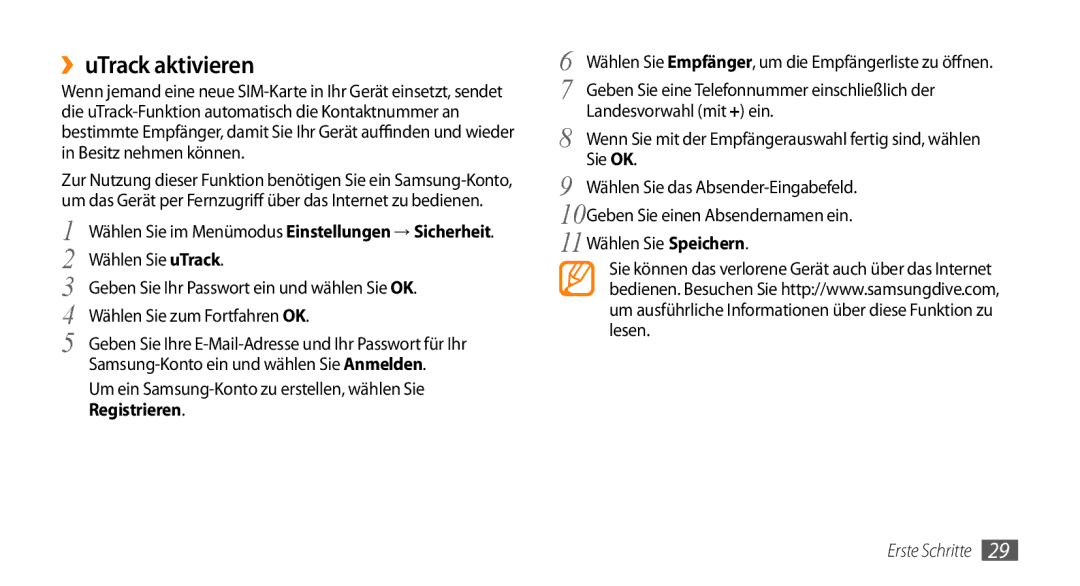 Samsung GT-S5330CWADBT, GT-S5330CWAVIA, GT-S5330HKADBT, GT-S5330HKAEPL, GT-S5330HKAVIA manual ››uTrack aktivieren, Registrieren 