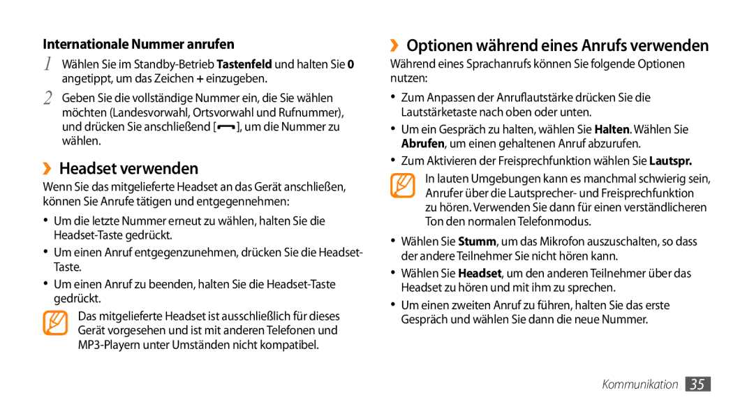 Samsung GT-S5330CWAVIA, GT-S5330CWADBT, GT-S5330HKADBT, GT-S5330HKAEPL ››Headset verwenden, Internationale Nummer anrufen 