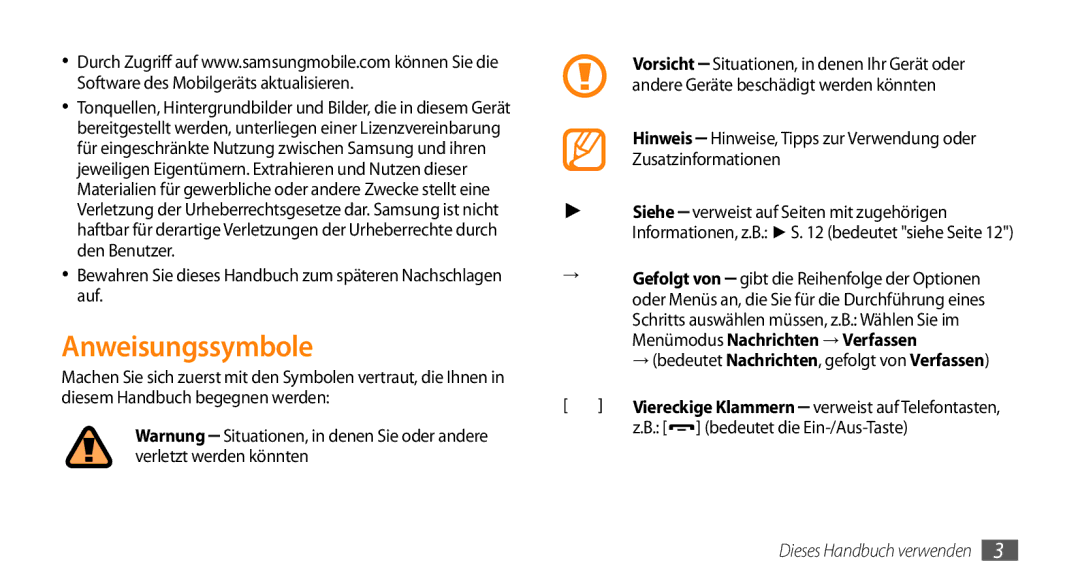 Samsung GT-S5330HKAVIA, GT-S5330CWADBT manual Anweisungssymbole, Bewahren Sie dieses Handbuch zum späteren Nachschlagen auf 