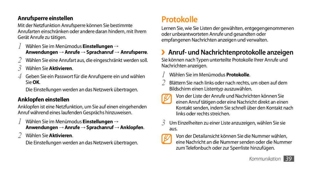 Samsung GT-S5330CWADBT, GT-S5330CWAVIA Protokolle, ››Anruf- und Nachrichtenprotokolle anzeigen, Anrufsperre einstellen 