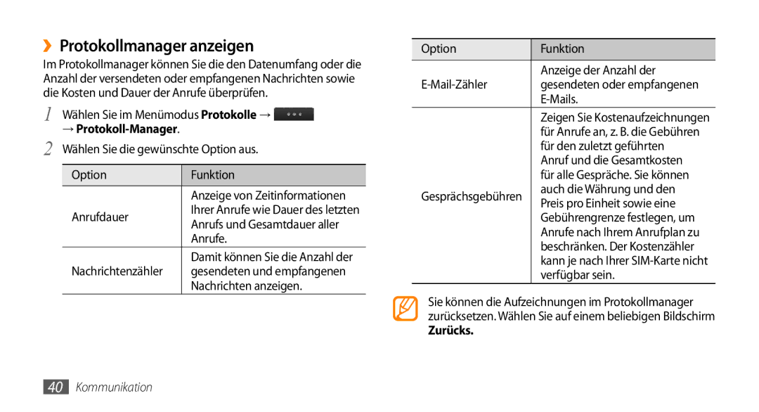 Samsung GT-S5330CWAVIA, GT-S5330CWADBT, GT-S5330HKADBT manual ››Protokollmanager anzeigen, → Protokoll-Manager, Zurücks 