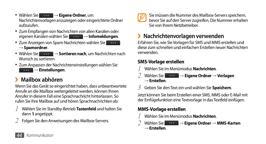 Samsung GT-S5330CWADBT ››Mailbox abhören, ››Nachrichtenvorlagen verwenden, SMS-Vorlage erstellen, MMS-Vorlage erstellen 