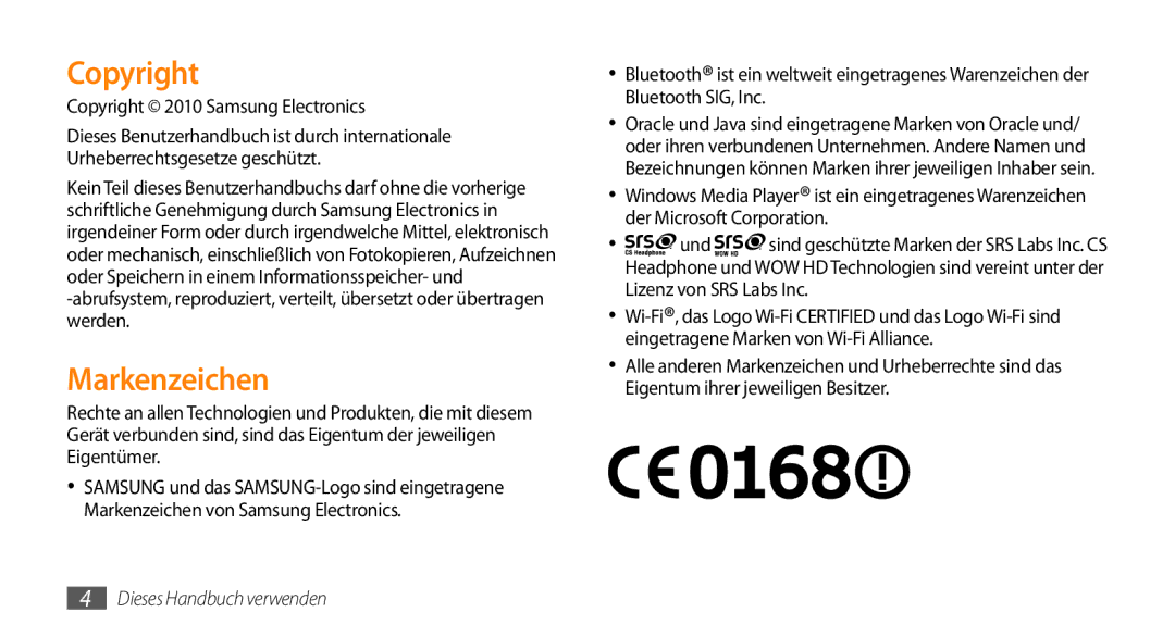 Samsung GT-S5330CWADBT, GT-S5330CWAVIA, GT-S5330HKADBT, GT-S5330HKAEPL Markenzeichen, Copyright 2010 Samsung Electronics 