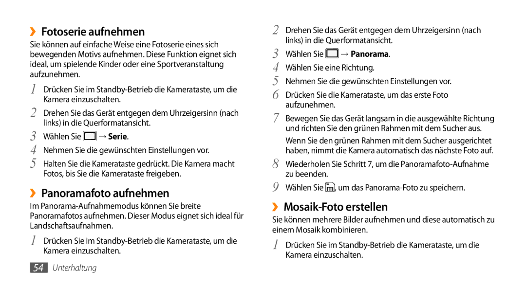 Samsung GT-S5330CWADBT manual ››Fotoserie aufnehmen, ››Panoramafoto aufnehmen, ››Mosaik-Foto erstellen, → Panorama 