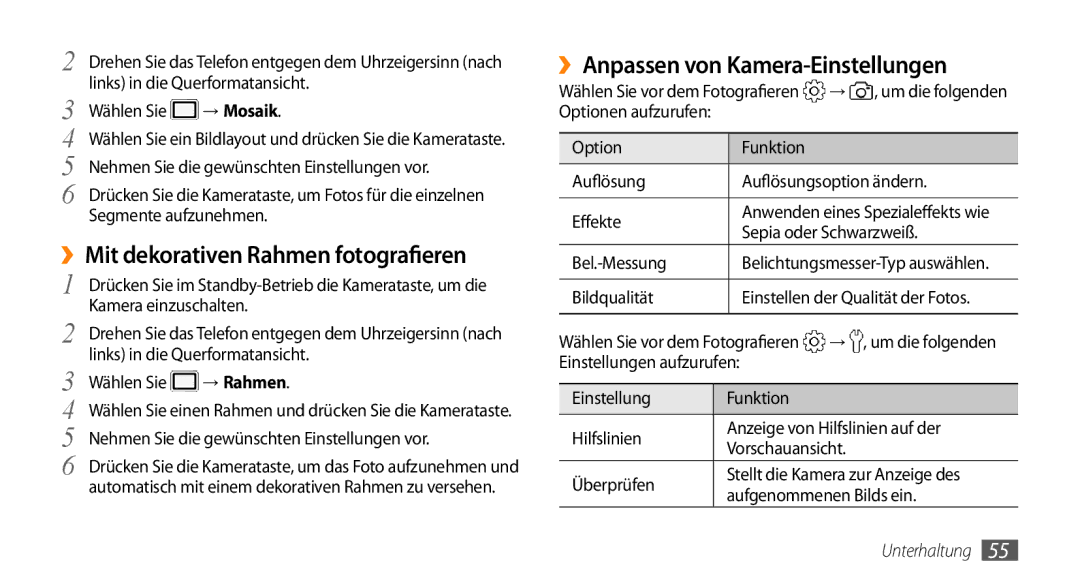 Samsung GT-S5330CWAVIA, GT-S5330CWADBT, GT-S5330HKADBT manual ››Anpassen von Kamera-Einstellungen, → Mosaik, → Rahmen 