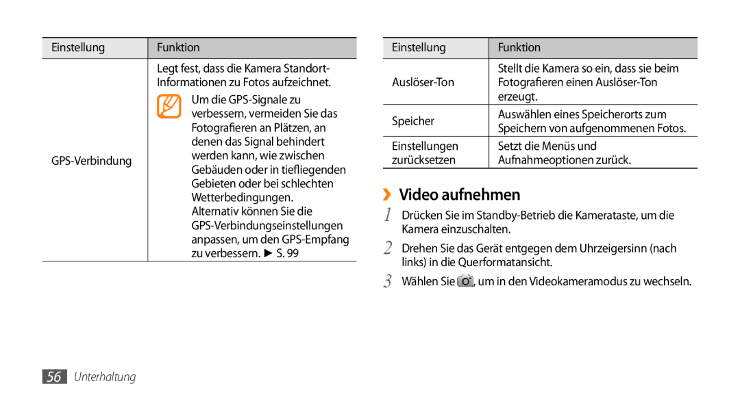 Samsung GT-S5330HKADBT, GT-S5330CWADBT, GT-S5330CWAVIA, GT-S5330HKAEPL, GT-S5330HKAVIA manual ››Video aufnehmen 