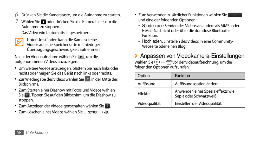 Samsung GT-S5330HKAVIA manual ››Anpassen von Videokamera-Einstellungen, Videoqualität Einstellen der Videoqualität 