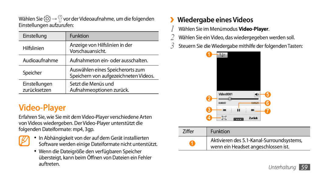 Samsung GT-S5330CWADBT, GT-S5330CWAVIA, GT-S5330HKADBT Video-Player, ››Wiedergabe eines Videos, Einstellungen aufzurufen 