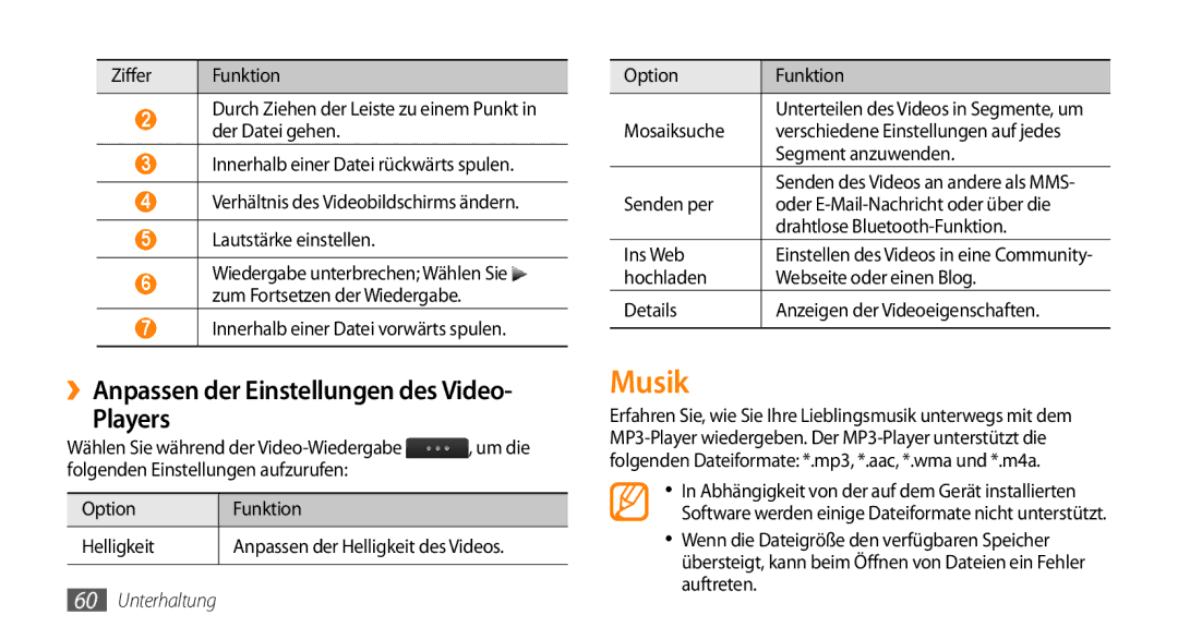 Samsung GT-S5330CWAVIA manual Musik, ››Anpassen der Einstellungen des Video Players, Innerhalb einer Datei vorwärts spulen 