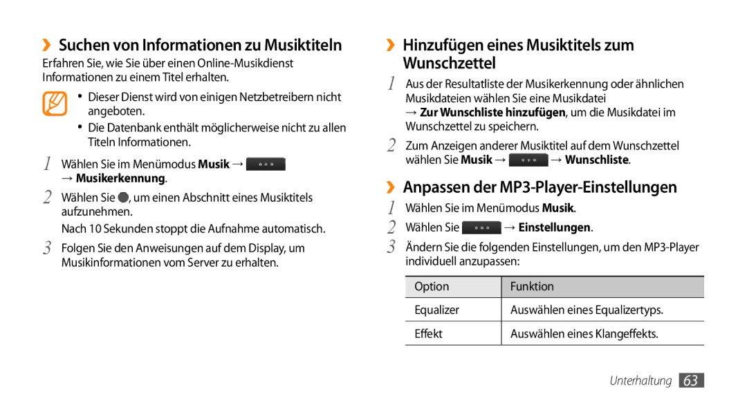 Samsung GT-S5330HKAVIA manual ››Suchen von Informationen zu Musiktiteln, ››Hinzufügen eines Musiktitels zum Wunschzettel 