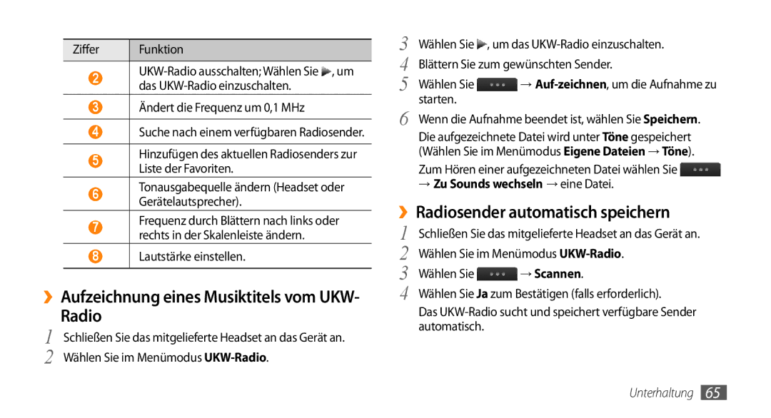 Samsung GT-S5330CWAVIA manual ››Radiosender automatisch speichern, → Zu Sounds wechseln → eine Datei, → Scannen 