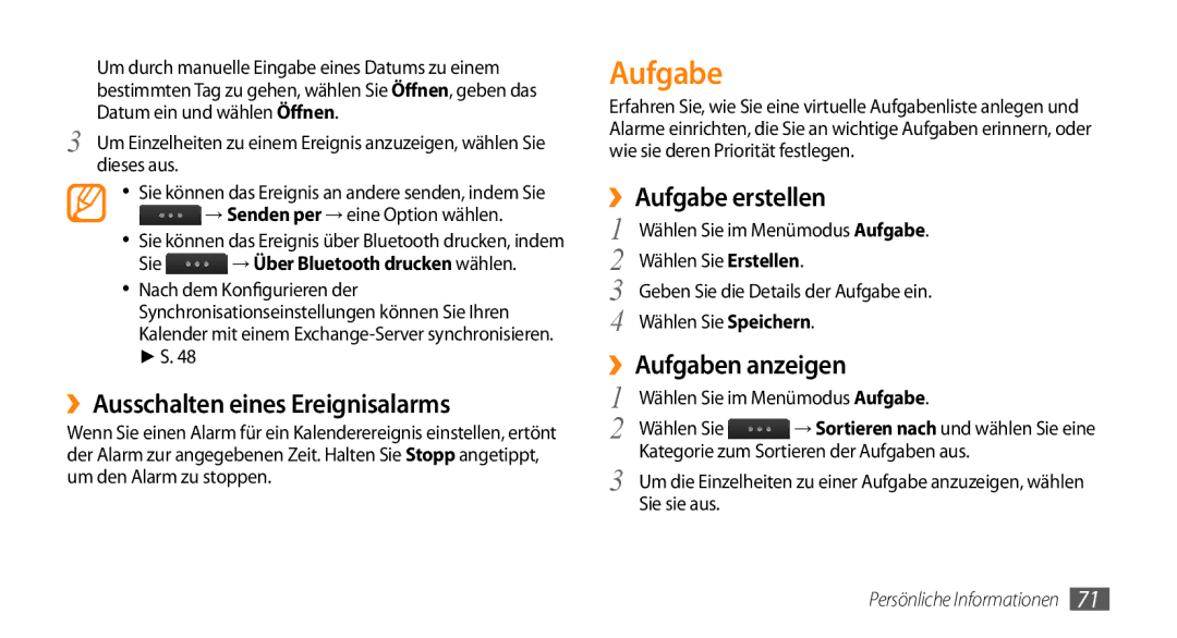 Samsung GT-S5330HKADBT, GT-S5330CWADBT ››Ausschalten eines Ereignisalarms, ››Aufgabe erstellen, ››Aufgaben anzeigen 