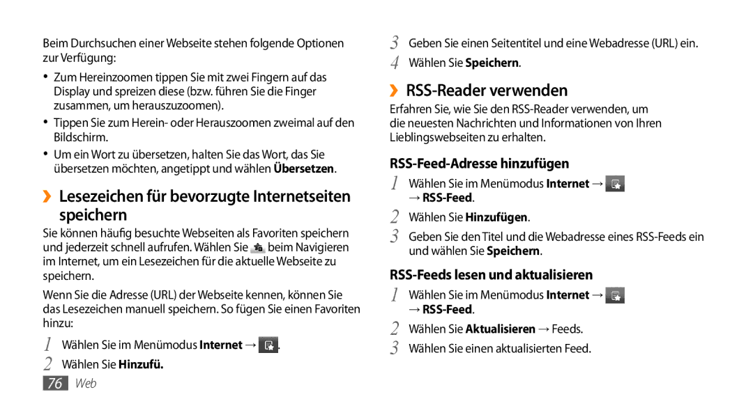 Samsung GT-S5330HKADBT manual ››Lesezeichen für bevorzugte Internetseiten speichern, ››RSS-Reader verwenden, → RSS-Feed 