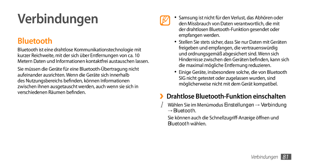 Samsung GT-S5330HKADBT, GT-S5330CWADBT manual Verbindungen, ››Drahtlose Bluetooth-Funktion einschalten, → Bluetooth 