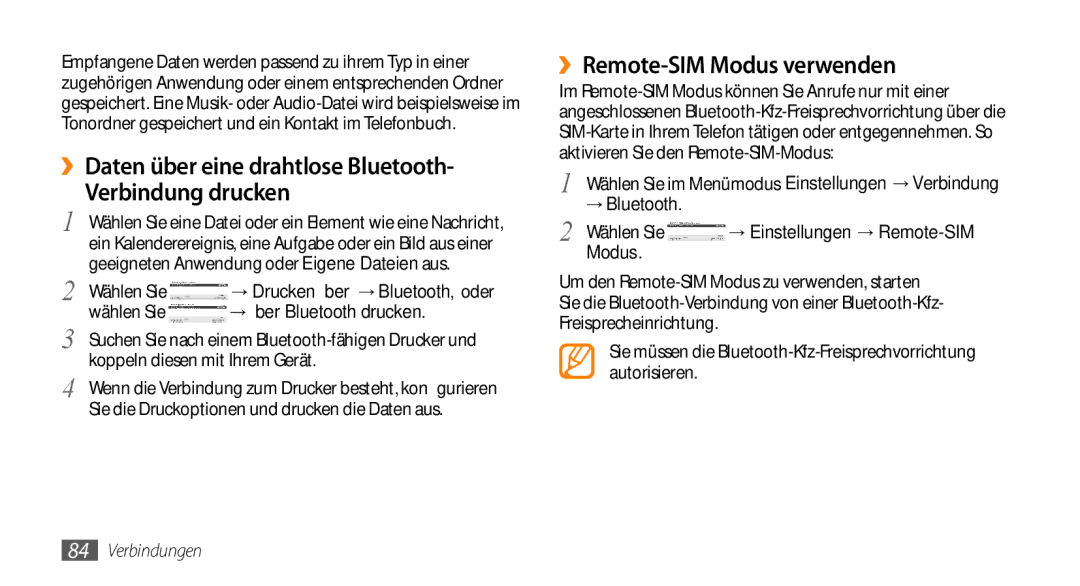 Samsung GT-S5330CWADBT manual ››Daten über eine drahtlose Bluetooth Verbindung drucken, ››Remote-SIM Modus verwenden 