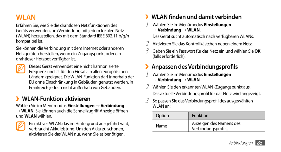 Samsung GT-S5330CWAVIA ››WLAN-Funktion aktivieren, ››WLAN finden und damit verbinden, ››Anpassen des Verbindungsprofils 