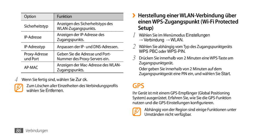 Samsung GT-S5330HKADBT manual Option Funktion Sicherheitstyp, WLAN-Zugangspunkts, WPS PBC oder WPS-PIN, Zugangspunktgerät 