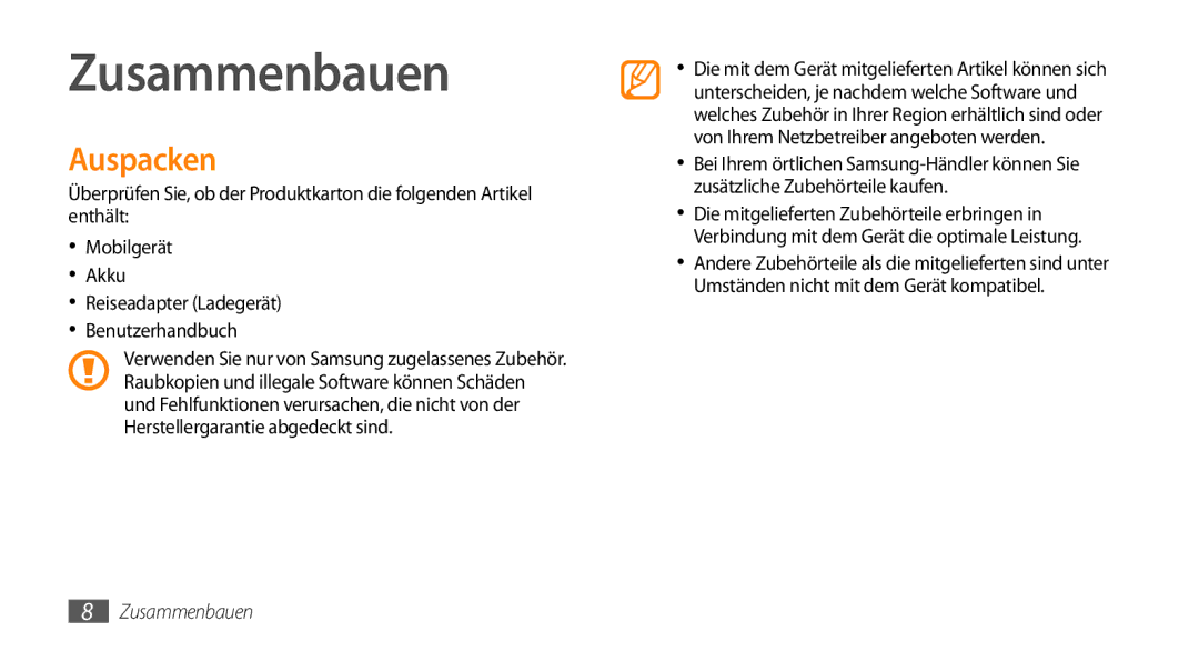 Samsung GT-S5330HKAVIA, GT-S5330CWADBT, GT-S5330CWAVIA, GT-S5330HKADBT, GT-S5330HKAEPL manual Zusammenbauen, Auspacken 