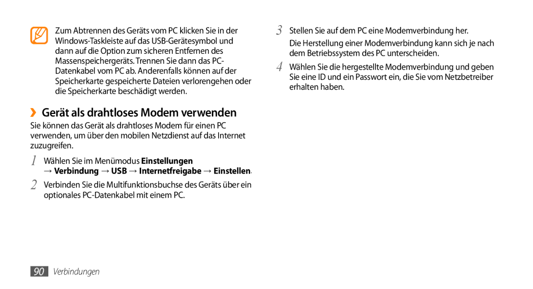 Samsung GT-S5330CWAVIA manual ››Gerät als drahtloses Modem verwenden, Stellen Sie auf dem PC eine Modemverbindung her 