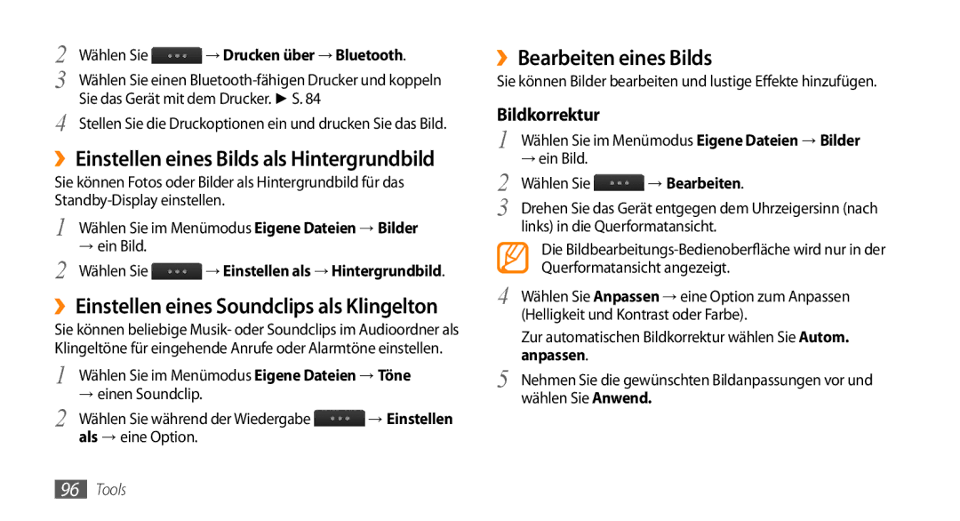 Samsung GT-S5330HKADBT manual ››Einstellen eines Bilds als Hintergrundbild, ››Bearbeiten eines Bilds, Bildkorrektur 