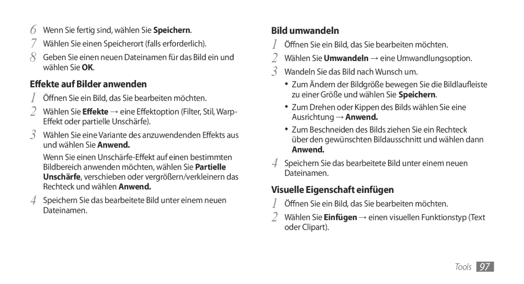 Samsung GT-S5330HKAEPL, GT-S5330CWADBT Effekte auf Bilder anwenden, Bild umwandeln, Visuelle Eigenschaft einfügen, Anwend 