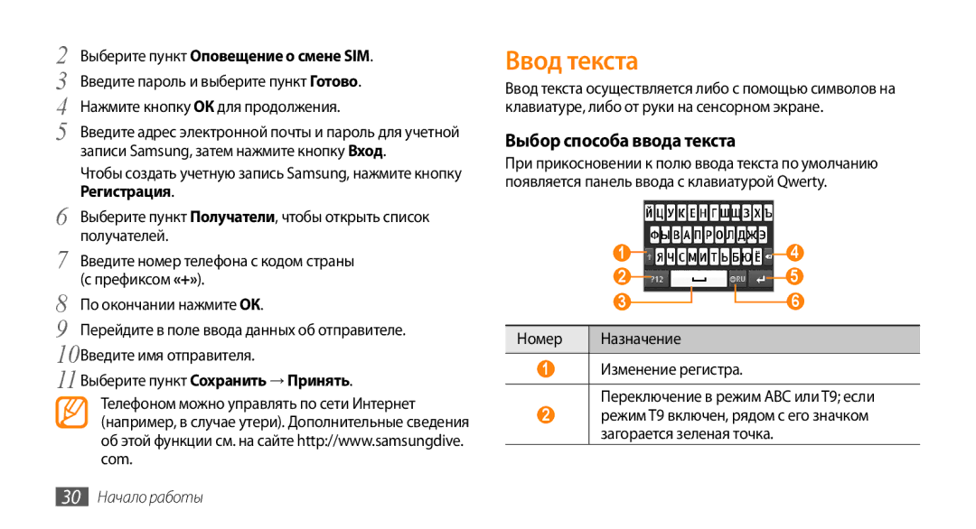 Samsung GT-S5330FIASER Ввод текста, Выбор способа ввода текста, Выберите пункт Оповещение о смене SIM, 30 Начало работы 