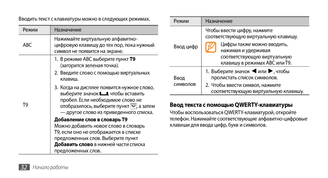 Samsung GT-S5330CWASER manual Ввод текста с помощью QWERTY-клавиатуры, Добавление слов в словарь T9, 32 Начало работы 