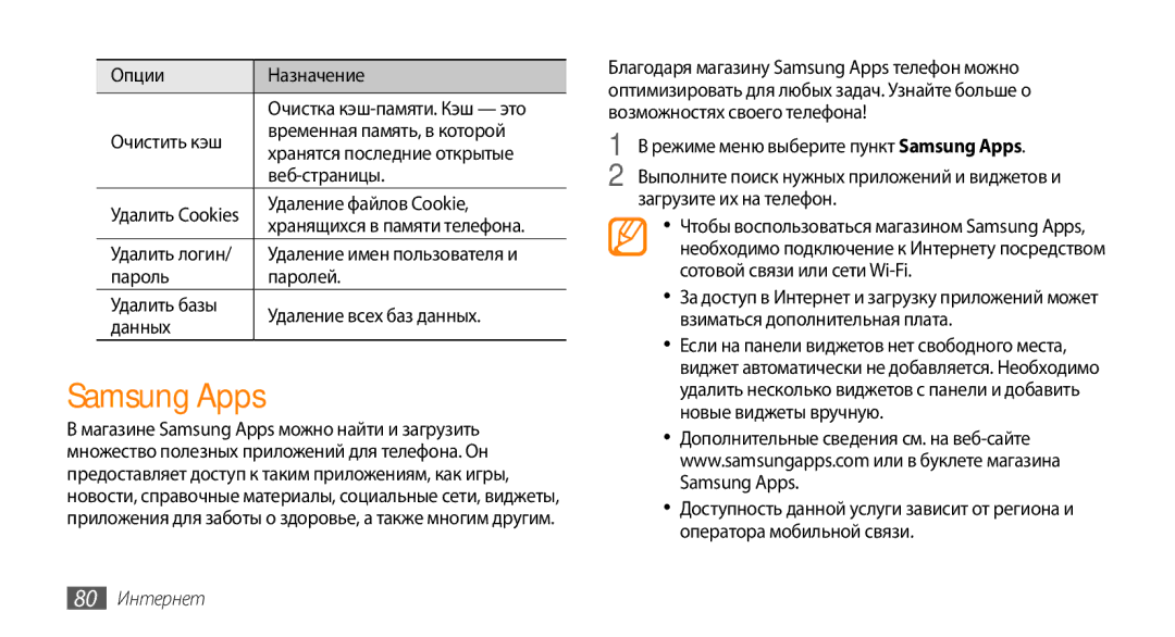 Samsung GT-S5330CWASER, GT-S5330FIASER, GT-S5330HKASER Samsung Apps, Удаление файлов Сookie, Удалить логин, 80 Интернет 