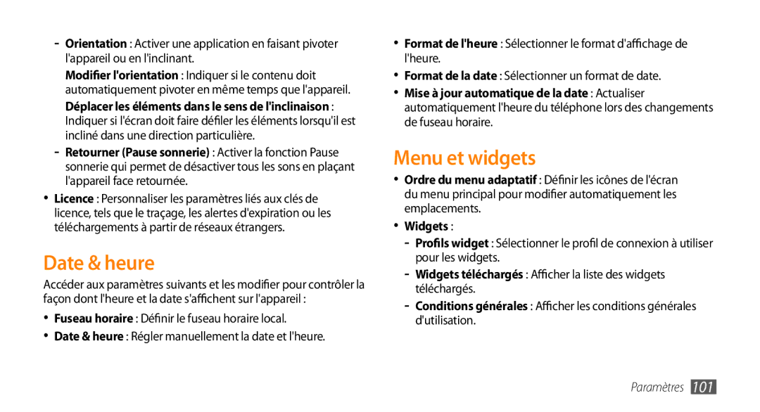 Samsung GT-S5330FIAXEF, GT-S5330HKAXEF, GT-S5330CWAXEF manual Date & heure, Menu et widgets, Pour les widgets 