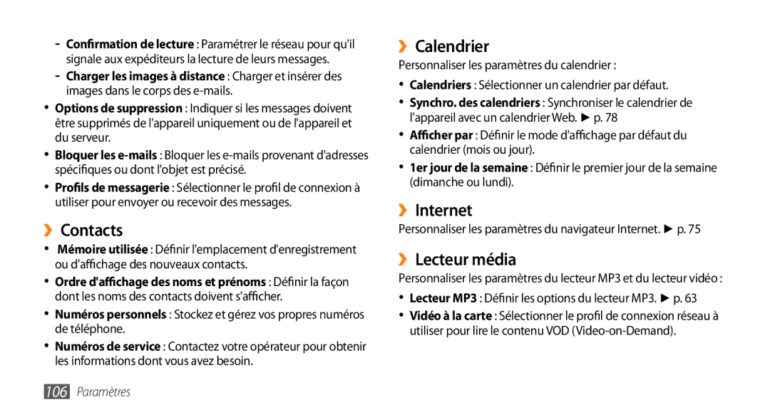 Samsung GT-S5330CWAXEF, GT-S5330FIAXEF, GT-S5330HKAXEF manual ››Contacts, ››Calendrier, ››Internet, ››Lecteur média 