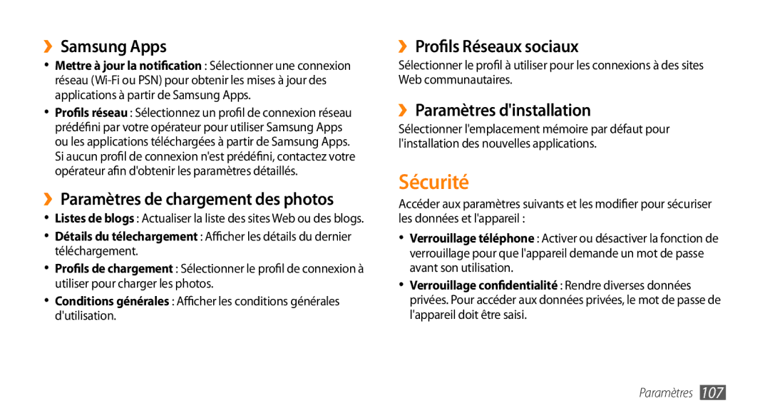 Samsung GT-S5330FIAXEF manual Sécurité, ››Samsung Apps, ››Paramètres de chargement des photos, ››Profils Réseaux sociaux 