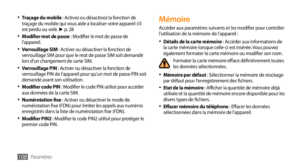 Samsung GT-S5330HKAXEF, GT-S5330FIAXEF, GT-S5330CWAXEF Mémoire, Modifier mot de passe Modifier le mot de passe de lappareil 