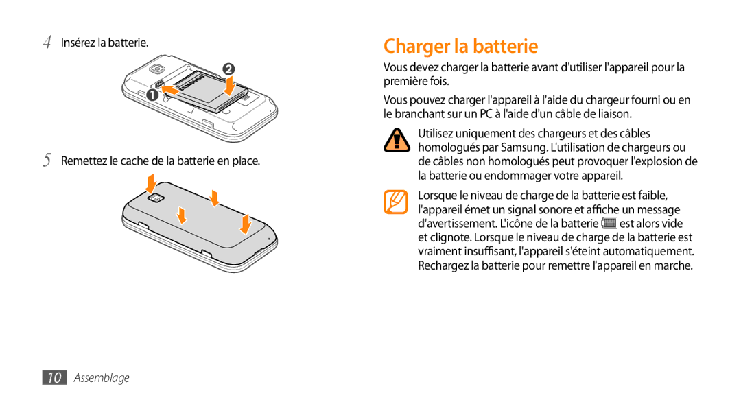 Samsung GT-S5330CWAXEF, GT-S5330FIAXEF, GT-S5330HKAXEF manual Charger la batterie 