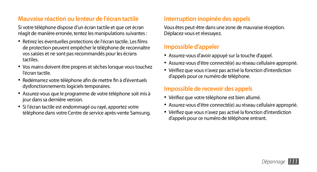 Samsung GT-S5330HKAXEF manual Assurez-vous davoir appuyé sur la touche dappel, Vérifiez que votre téléphone est bien allumé 