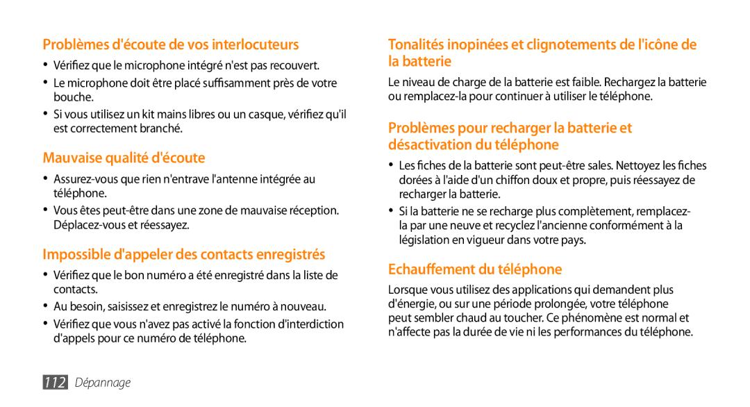Samsung GT-S5330CWAXEF, GT-S5330FIAXEF, GT-S5330HKAXEF manual Problèmes découte de vos interlocuteurs, 112 Dépannage 