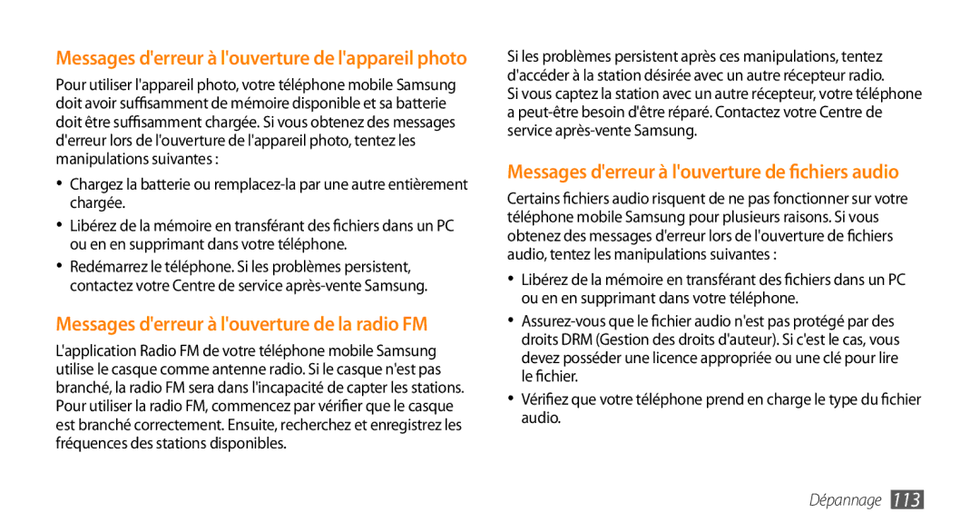 Samsung GT-S5330FIAXEF, GT-S5330HKAXEF, GT-S5330CWAXEF manual Messages derreur à louverture de la radio FM 