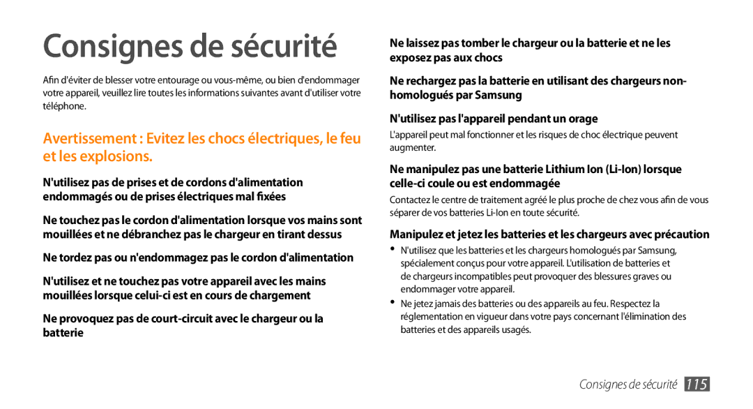 Samsung GT-S5330CWAXEF, GT-S5330FIAXEF, GT-S5330HKAXEF manual Consignes de sécurité 