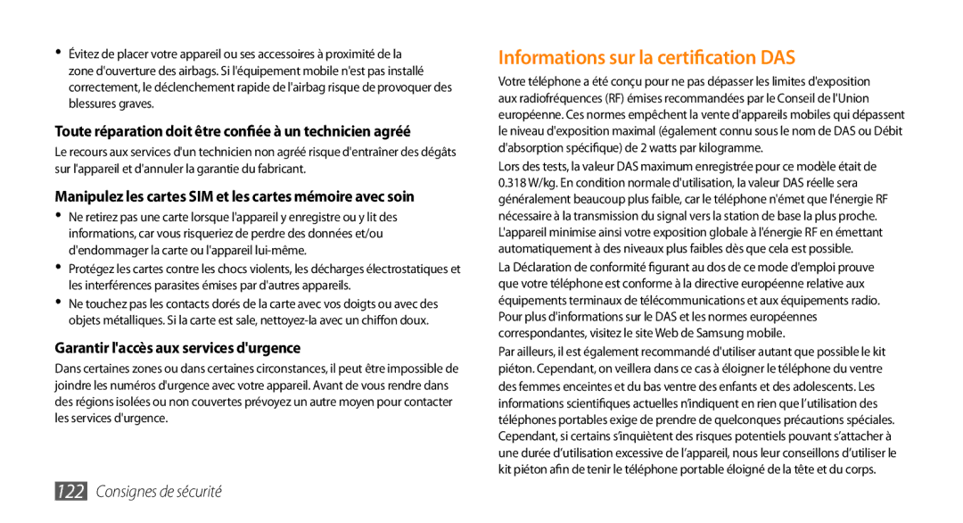 Samsung GT-S5330FIAXEF Garantir laccès aux services durgence, Toute réparation doit être confiée à un technicien agréé 