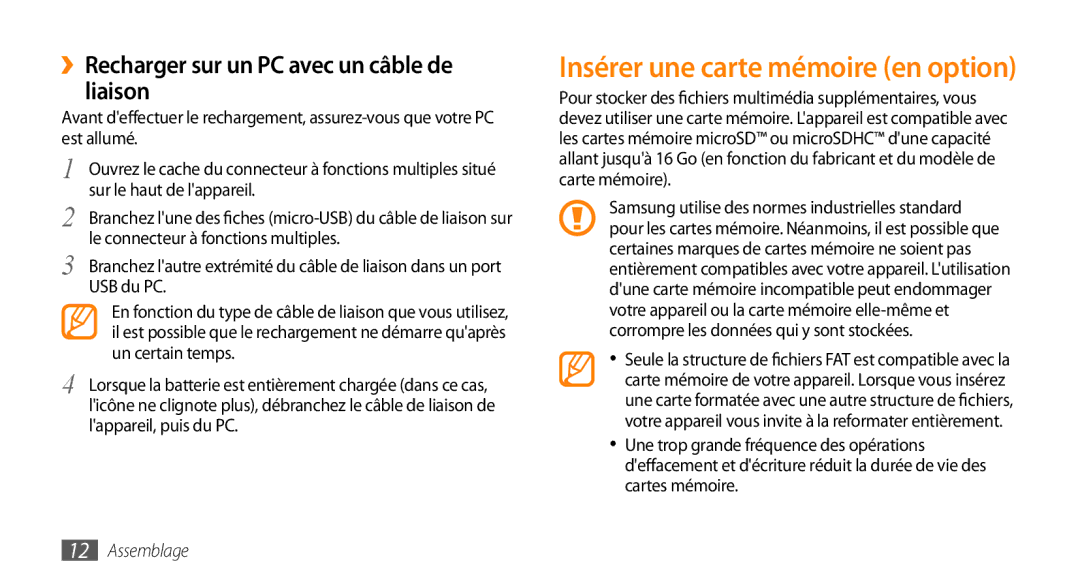 Samsung GT-S5330HKAXEF, GT-S5330FIAXEF Insérer une carte mémoire en option, ››Recharger sur un PC avec un câble de liaison 