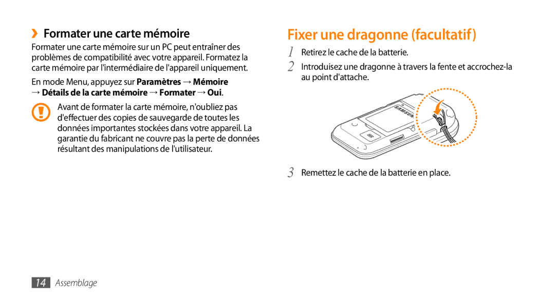 Samsung GT-S5330FIAXEF, GT-S5330HKAXEF, GT-S5330CWAXEF manual Fixer une dragonne facultatif, ››Formater une carte mémoire 