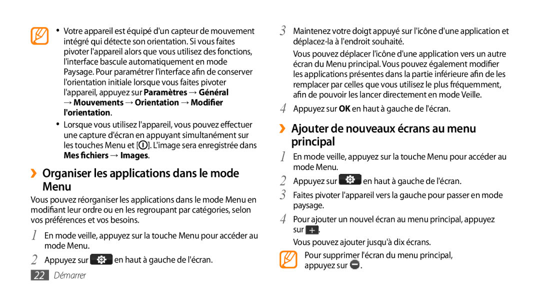 Samsung GT-S5330CWAXEF ››Organiser les applications dans le mode Menu, ››Ajouter de nouveaux écrans au menu principal 