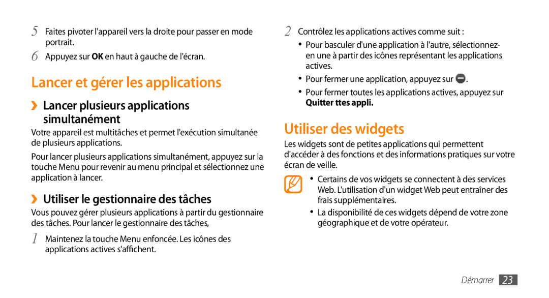 Samsung GT-S5330FIAXEF manual Lancer et gérer les applications, Utiliser des widgets, ››Utiliser le gestionnaire des tâches 