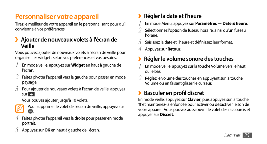 Samsung GT-S5330CWAXEF, GT-S5330FIAXEF manual Personnaliser votre appareil, ››Ajouter de nouveaux volets à lécran de Veille 