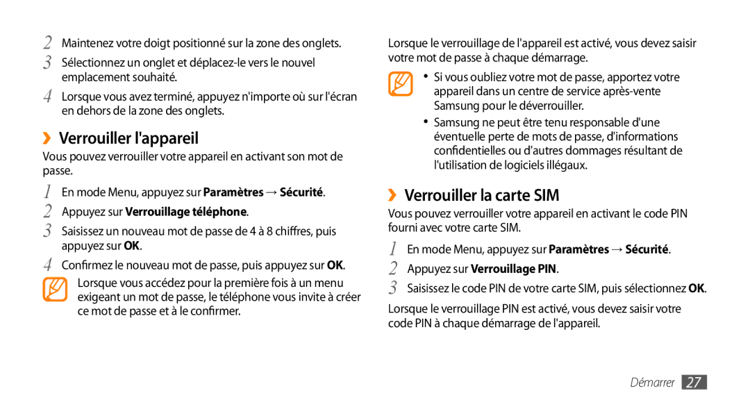 Samsung GT-S5330HKAXEF manual ››Verrouiller lappareil, ››Verrouiller la carte SIM, Appuyez sur Verrouillage téléphone 