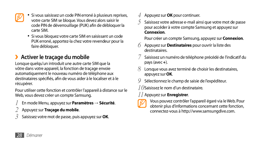 Samsung GT-S5330CWAXEF ››Activer le traçage du mobile, Saisissez votre mot de passe, puis appuyez sur OK, 28 Démarrer 