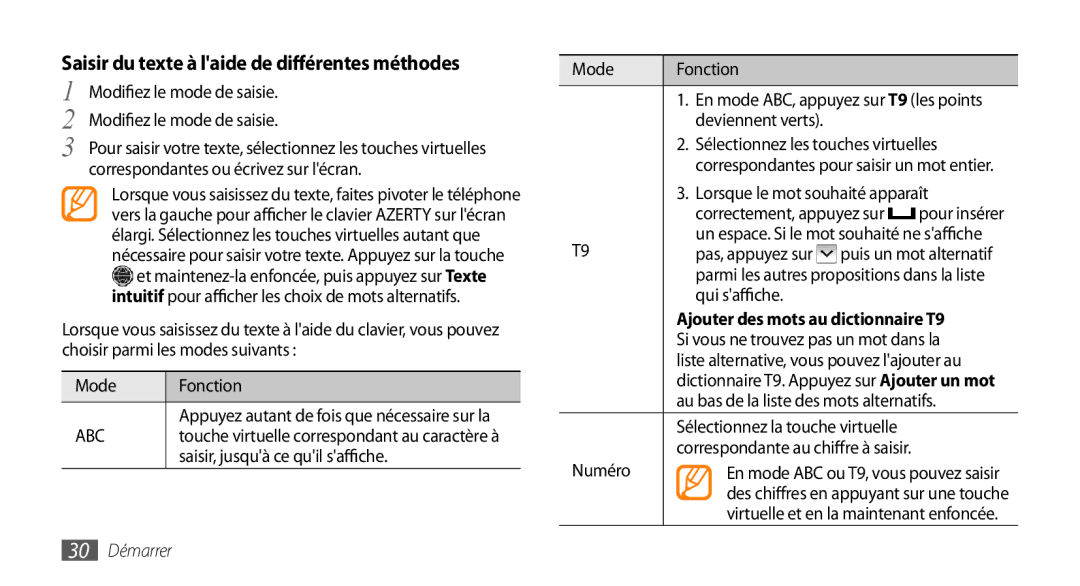 Samsung GT-S5330HKAXEF Saisir du texte à laide de différentes méthodes, Ajouter des mots au dictionnaire T9, 30 Démarrer 