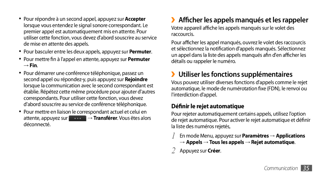 Samsung GT-S5330FIAXEF ››Utiliser les fonctions supplémentaires, Définir le rejet automatique, → Fin, Appuyez sur Créer 