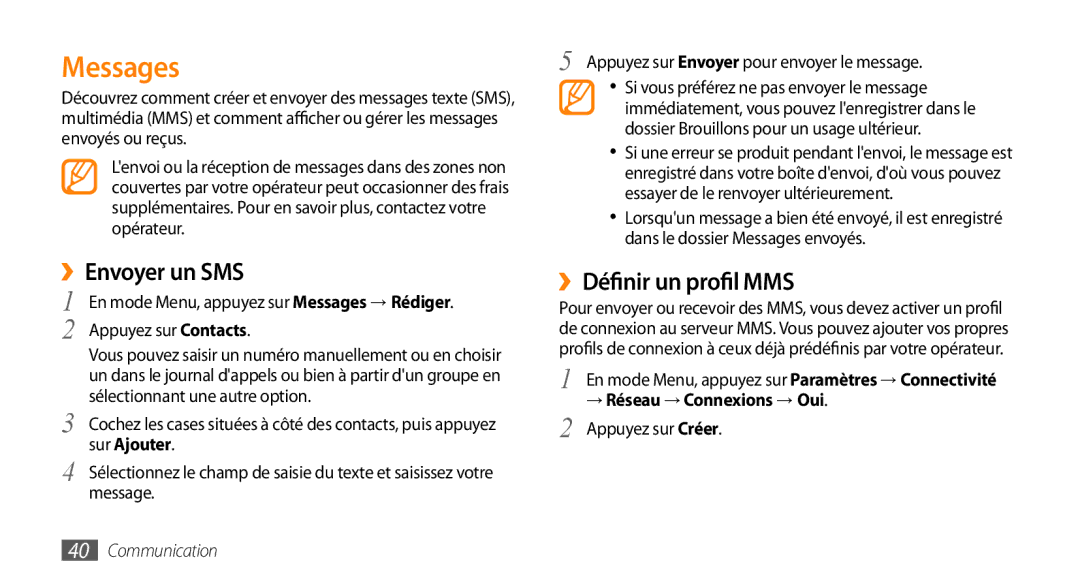 Samsung GT-S5330CWAXEF, GT-S5330FIAXEF, GT-S5330HKAXEF Messages, ››Envoyer un SMS, ››Définir un profil MMS, Sur Ajouter 